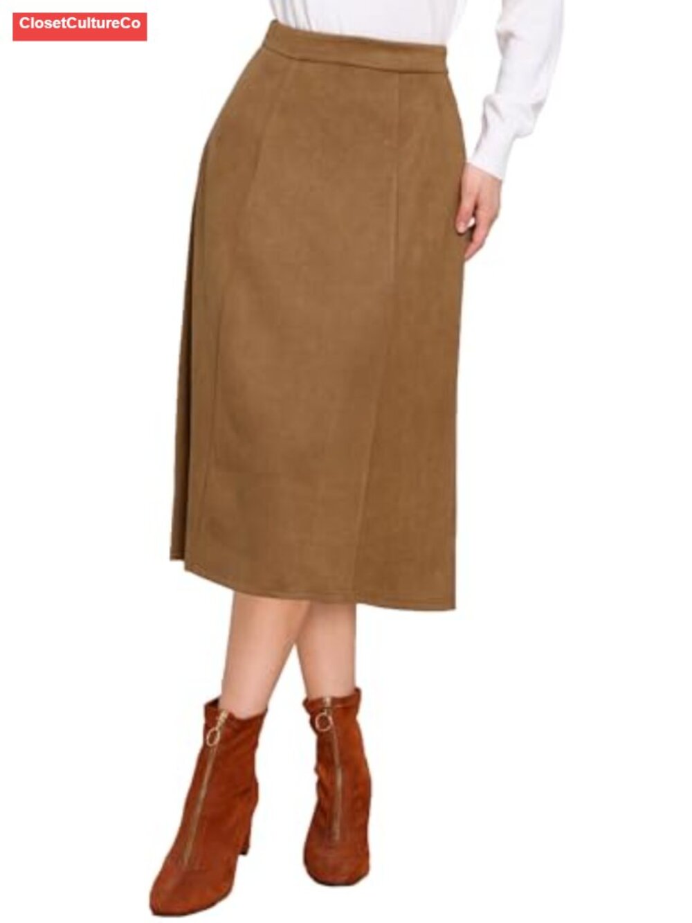 Faux Suede A-Line Midi Skirt High Rise Workwear